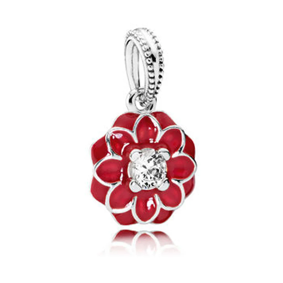 

Red Enamel Blooming Dahlia Dangle Charm for Women Bracelet Bangle Lady Gift Bead Authentic S925 Silver DIY Jewelry