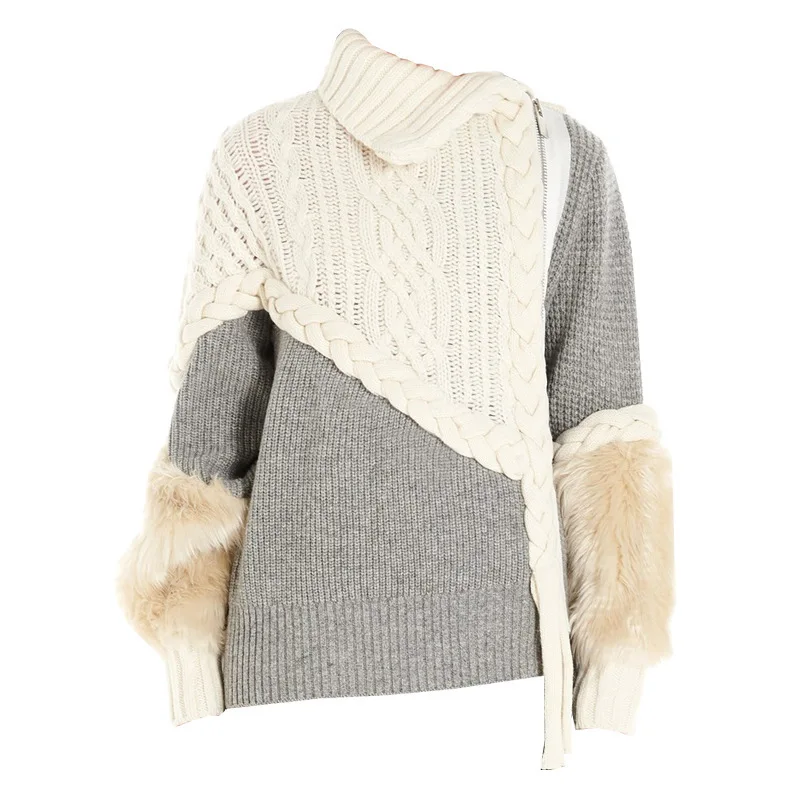 DEAT Gray Lapel Stitching Fur Long-sleeved Thick Wool Hit Color Woman Sweater Coat Casual Fashion Autumn Winter New TD065