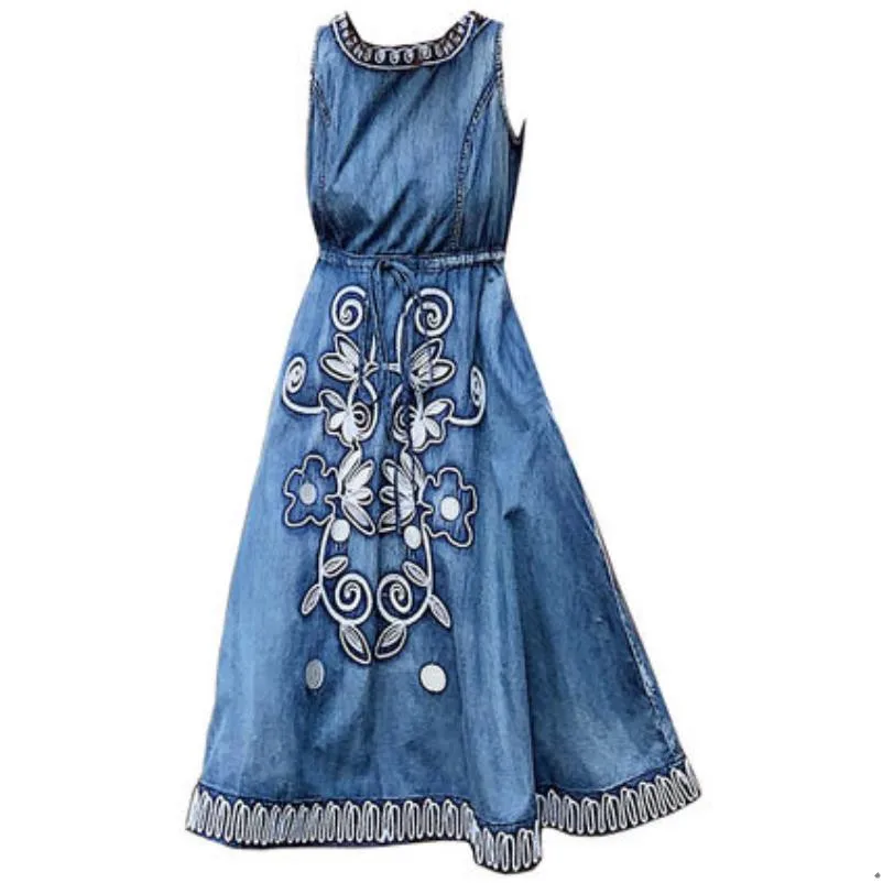 Женское винтажное джинсовое платье с вышивкой ТРАПЕЦИЕВИДНОЕ ПЛАТЬЕ жилет