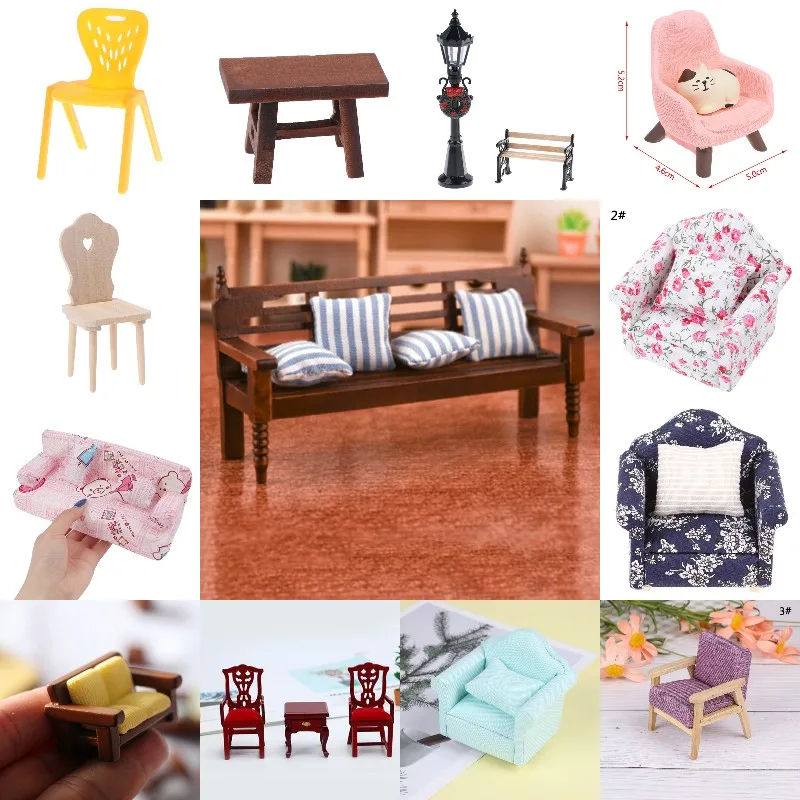 

Mini 1/12 Garden Wooden Chair Stool Sofa Cute Pillow For Couch Bed Dollhouse Furniture Toys Doll House Decoration Accessories