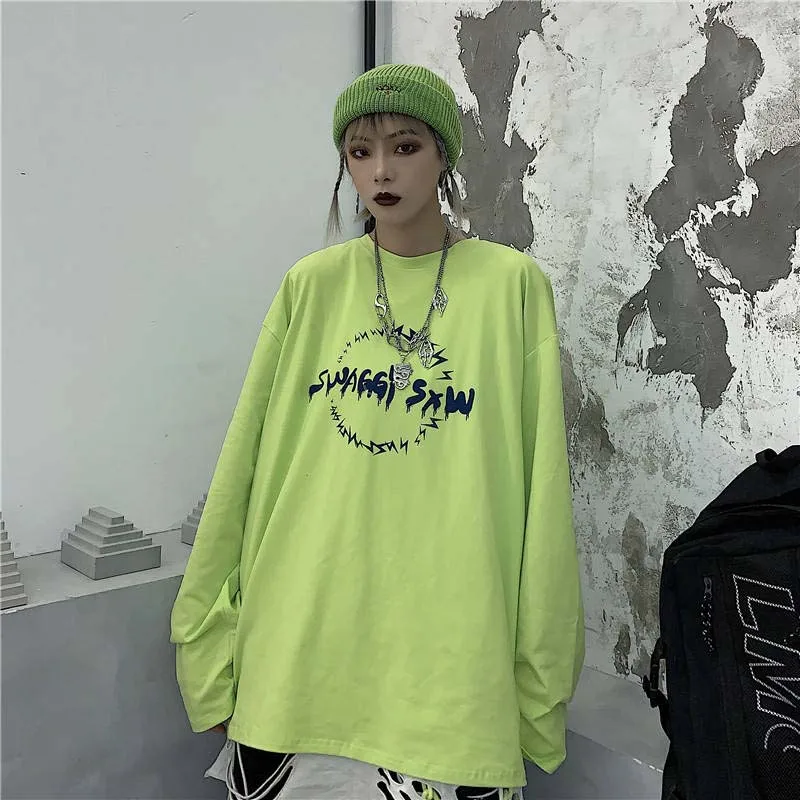 NiceMix Harajuku Однотонная одежда футболка с длинным рукавом женская пламени буквенным