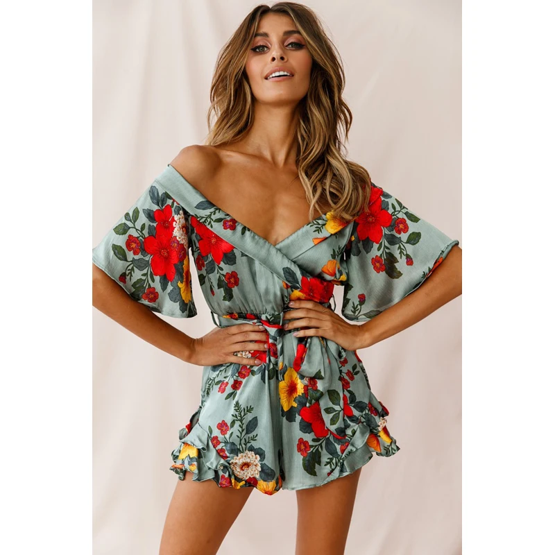 

African National Style Clothing for Women Summer New V-Neck Bohemian Floral Printing Rompers Fashion Short Sleeve Sexy Beachwear