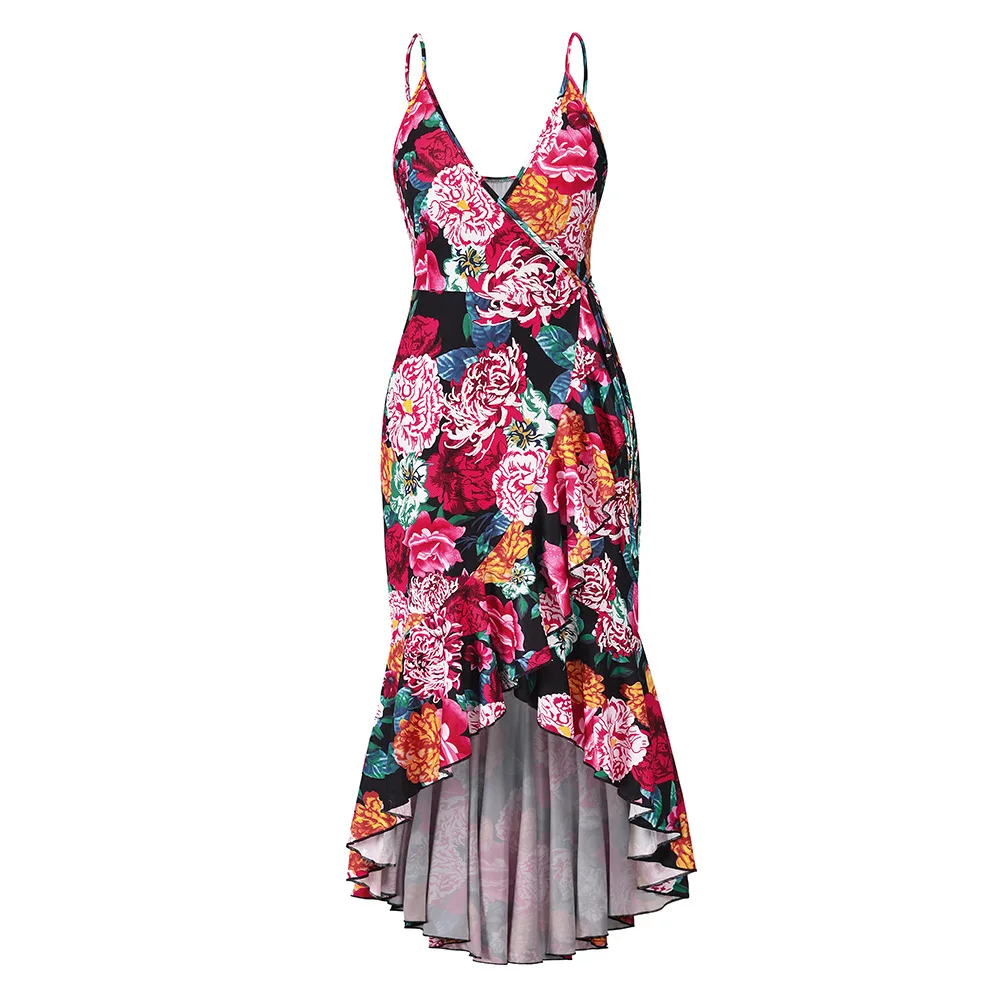 

Sexy 2021 Women Floral Long Boho Bohemian Beach Summer Dress V Neck Sleeveless Backless Ruffle Irregular Hem Maxi Party Dresses