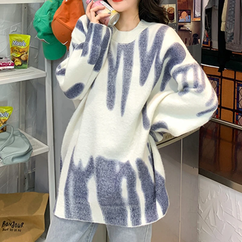 

Print Knitted Sweater Women Elegant Green Striped Oversized Pullovers Women Winter Loose Long Sweaters Streetwear Sueter