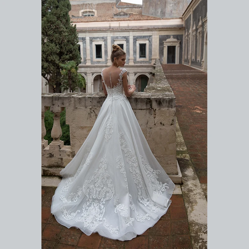 

Wedding Dress Luxury Scoop-Neck A-line Buttons Bridal Gown Floor-length Sleeveless Lace Appliques Bride Свадебное платье