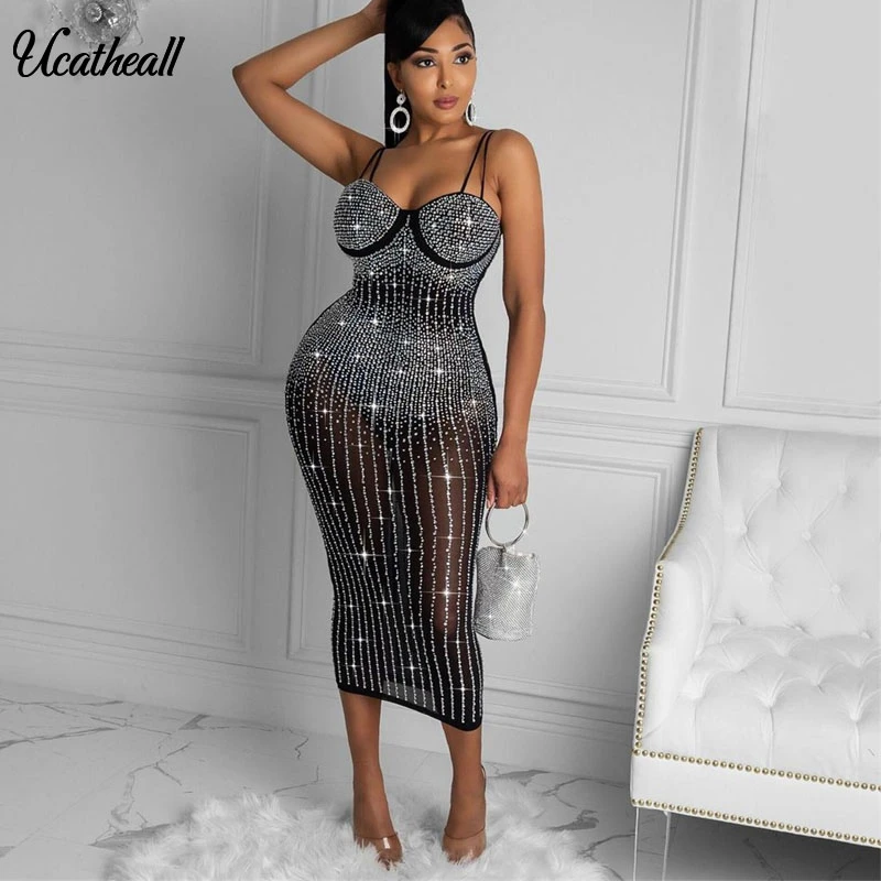 

Women's Sling Hot Drill Perspective Slim Dress Backless Gillter Mesh Pencil Dress Sleveless Bodycon Summer Party Vestidos