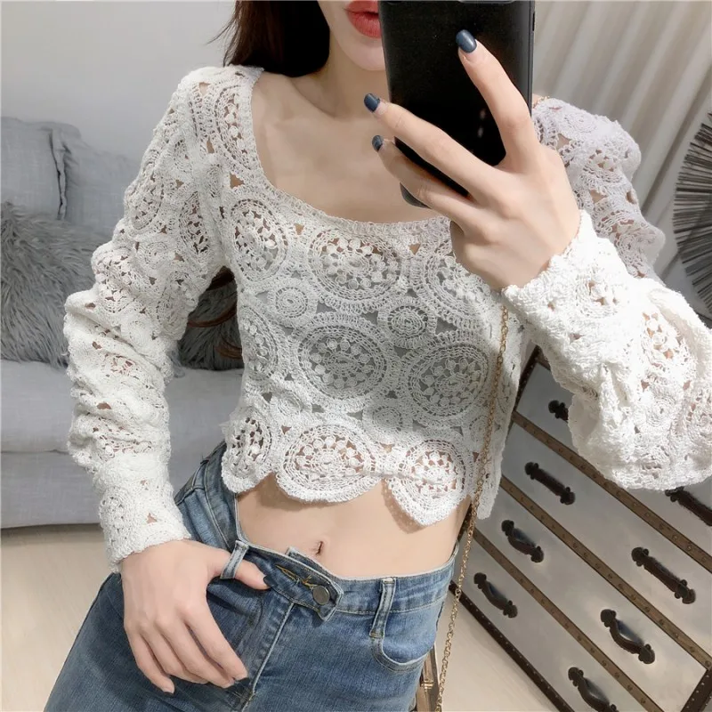 Женская однотонная блузка с круглым вырезом и длинным рукавом | одежда