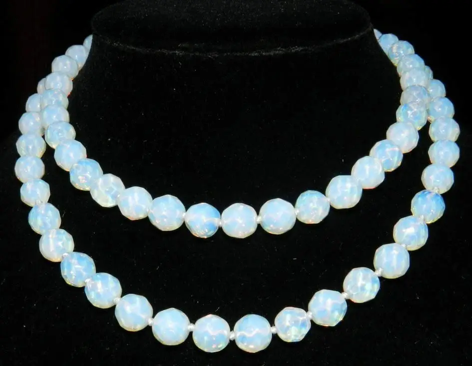 

10mm faceted White Opal Round Beads Necklace 32 "