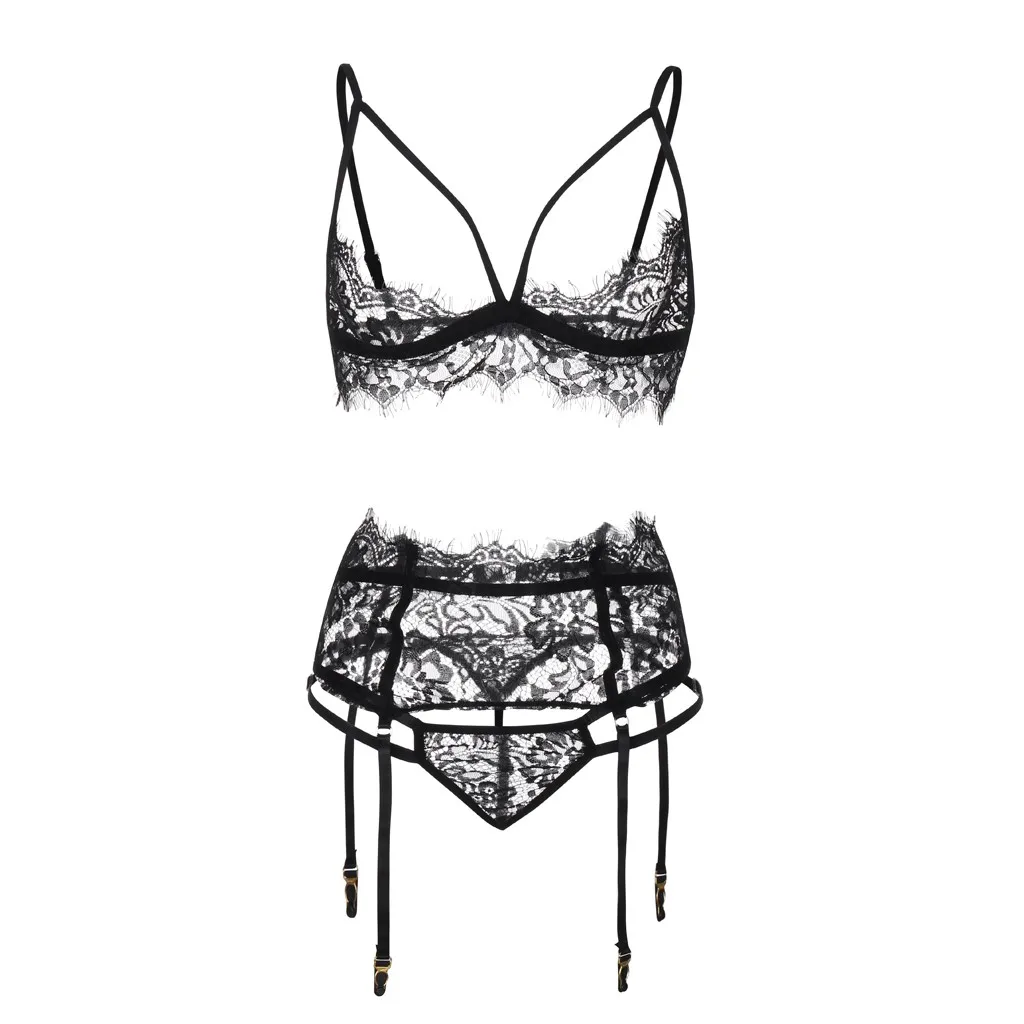 

Lace Straps Cut-out Bra And Panty Garter Set Sexy Lingerie Women Sexy Transparent Underwear Set Hot Erotic Sensual Lingerie Set