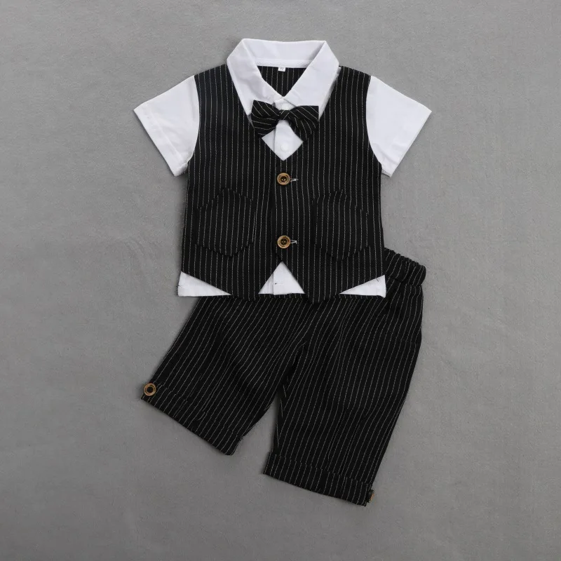 

Baby Boy Gentleman Suit White Shirt Tops with Bow Tie+Striped Shorts 2Pcs Gentleman Suit for Weddings Formal Clothing Suits