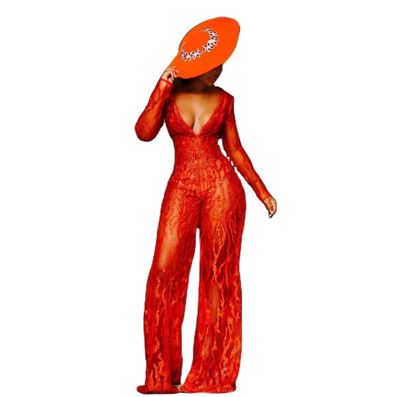 

2021 Spring New Solid V-Neck Sequins Red Flame Jumpersuit Women Donsignet