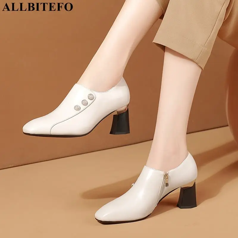 

ALLBITEFO Size 33-42 Square Toe Button Design Genuine Leather High Heel Shoes Spring Fashion Work Office Women Heels Shoes Pumps