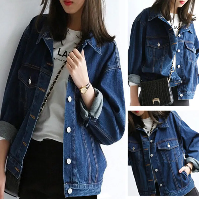 Женские джинсовые куртки с отложным воротником Свободные повседневные синие