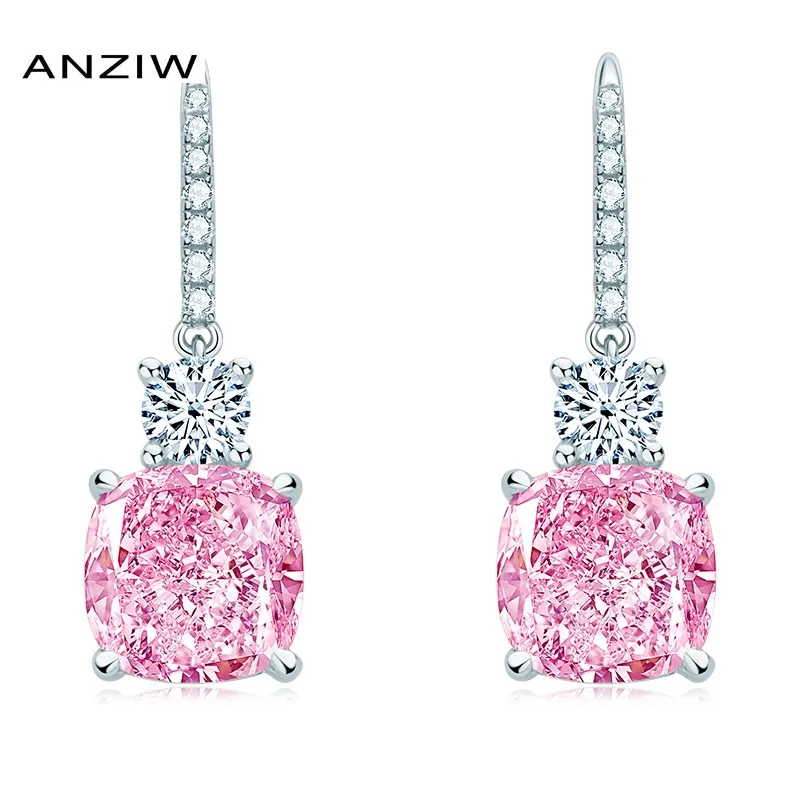 

Anziw Dangle Hook Earrings 925 Sterling Silver Shiny Perfect Cushion Cut Created Pink Gemstone Gorgeous Gift for Women and Girls