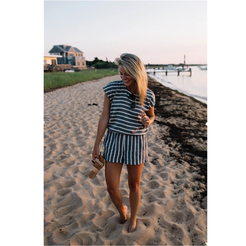 Женский Повседневный свободный костюм в полоску с коротким рукавом и открытой