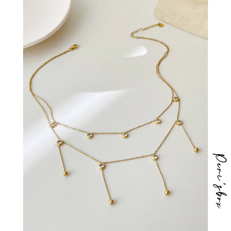 

Peri'sBox Exquisite Cubic Zirconia Tassel Pendant Necklaces Stainless Steel Double Layered Collar Necklace for Women Party Gift