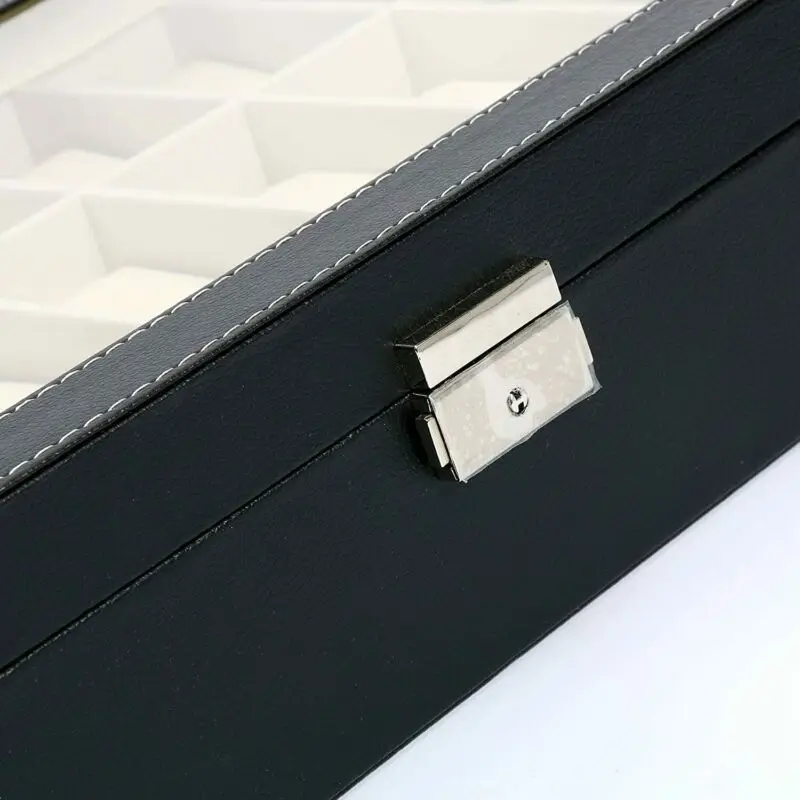 

24 Slots Men Women Watch Box Top Jewelry Storage Display Durable Case - Black