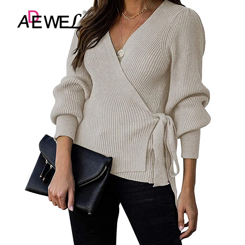 

Осенний женский модный свитер ADEWEL с поясом, бежевый пуловер, однотонные свитера, сексуальные топы с V-образным вырезом и длинным рукавом, 2021, ...