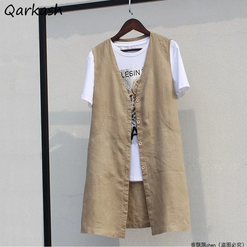 Жилет женский льняной однобортный с V-образным вырезом повседневный простой и