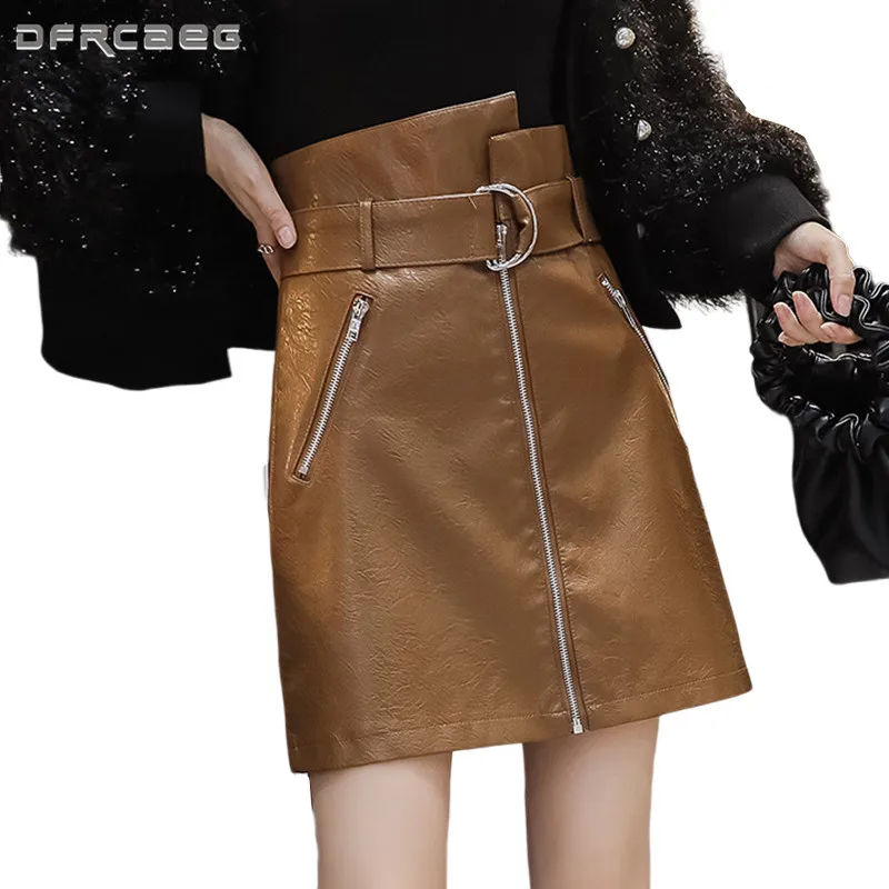 

Red Zipper Women's A-Line Leather Skirt With Belt 2020 Winter High Waist Vintage PU Pencil Skirts Female Saias