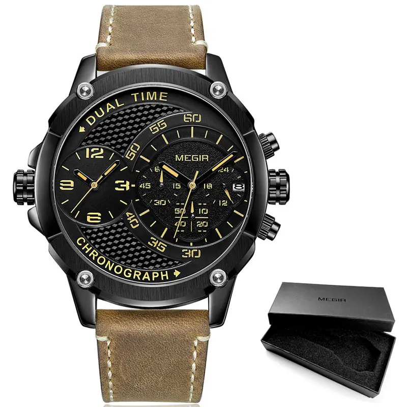 ML2093G-Black MEGIR мужские спортивные кварцевые часы с кожаным ремешком и хронографом, модные армейские водонепроницаемые наручные часы с двойным часовым поясом для мужчин 2093GBN - Цвет: ML2093G-Black