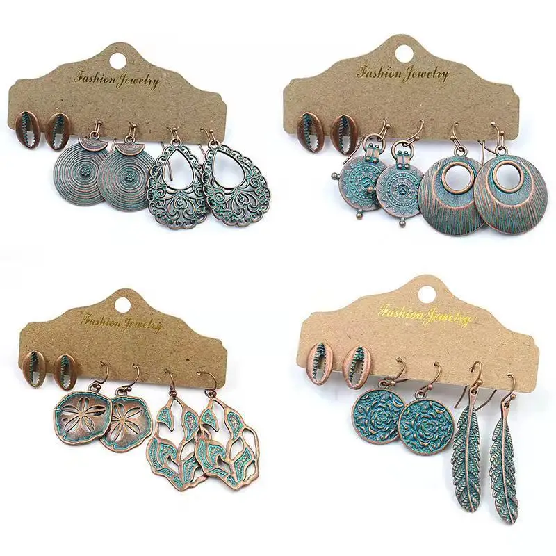 

Bohemia Sea Shells Drop Earrings for Women Sets Vintage Ethnic Big Round Stones Wooden Tassel Fringe Earring Women's Set Jewelry