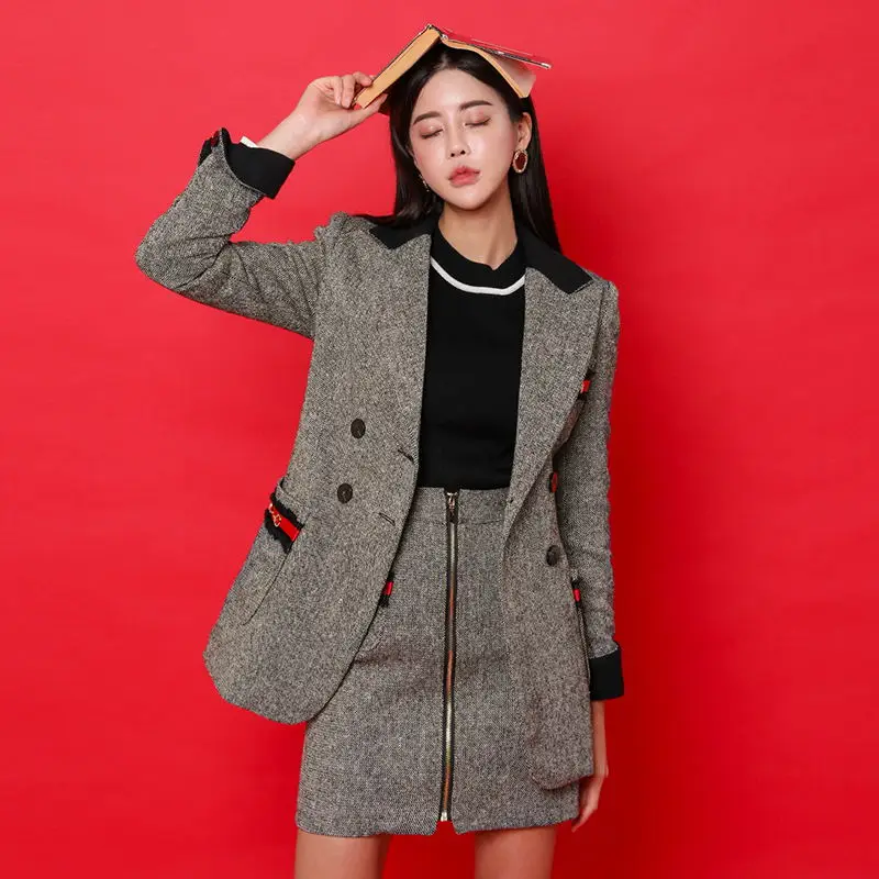 Модный осенне зимний женский трикотажный комплект из двух предметов куртка с