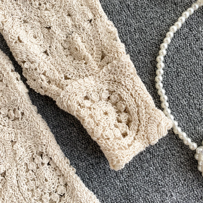 

Women's crochet knit top solid cover up summer bohemian beachwear long sleeve square collar hollow out knitting blouse tops