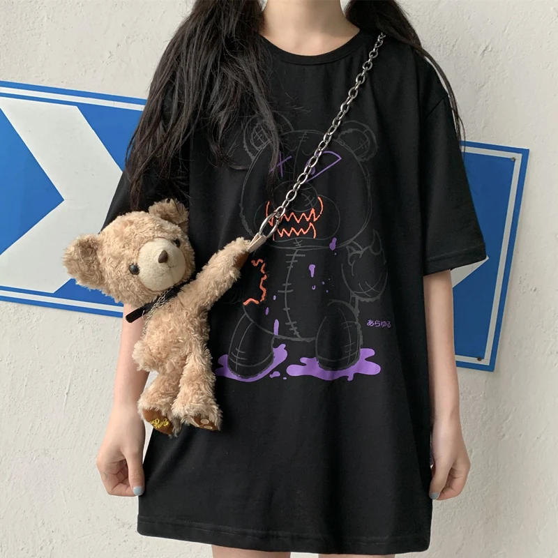 

Little Bear Printing Spring Summer 2021 Casual Streetwear Hip Hop Tee Loose Short Sleeve Drop Shoulder Women T Shirt