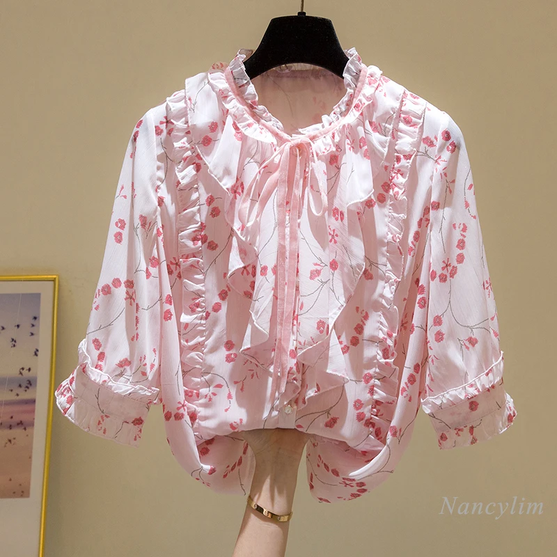 

Pink Sweet Bow Chiffon Blouse for Women Half Sleeve Summer Top New Ruffled Collar Girls Ladies All-Match Shirt Blusas Mujer