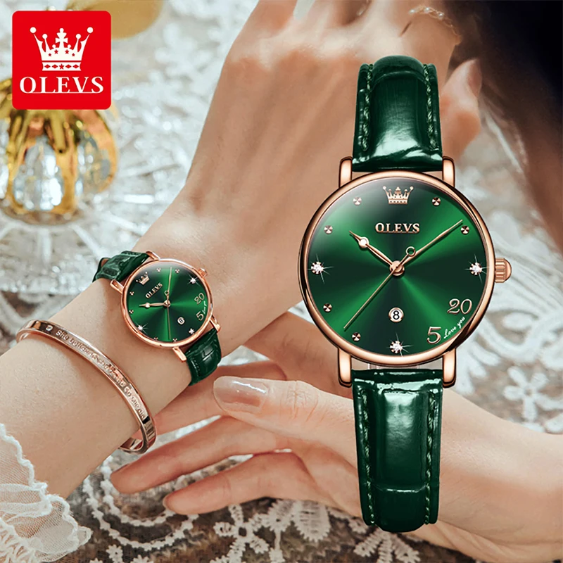 OLEVS 2023 New Quartz Womens Watches Fashion Green Leather Strap Simple Calendar Display Clock Women 30M Waterproof Reloj Hombre
