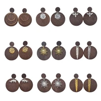 2022 fashion simple wood and metal earrings tribal ethnic flower animal embellished circular wooden earrings jewelry wholesale