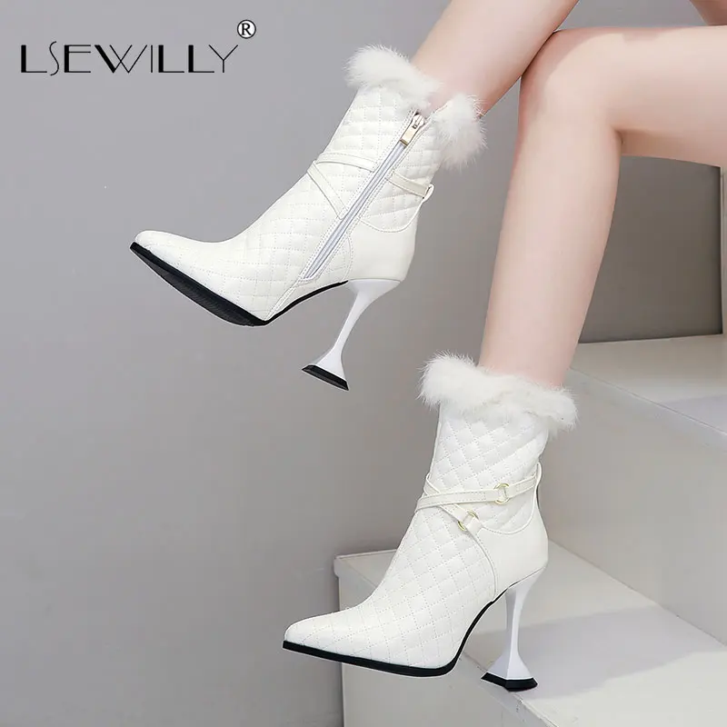 

Lsewilly 2021 Winter Sexy Female Ankle Boots Pointed Toe High Heel Rabbit Fur Super High Wine Glass Heel Cross Strap Woman Shoes