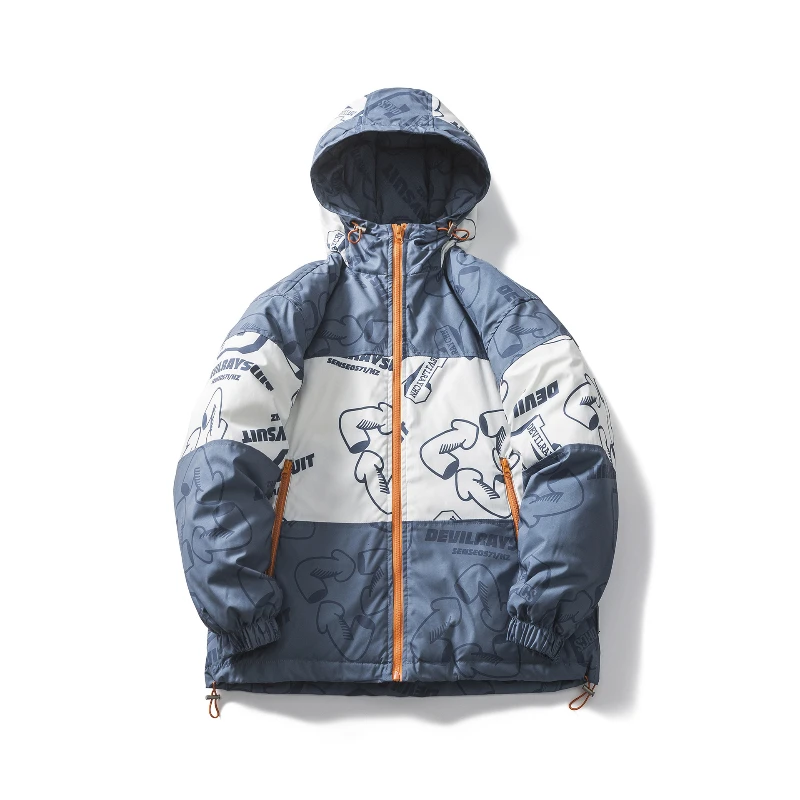 

2021 Winter Men's Down Jacket Tide Brand Color Matching Full Printed Letters Hooded Gray Duck Down Jacket Men Fashion Warm Coat
