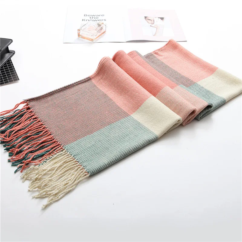 Женский клетчатый шарф зимний однотонный из искусственного кашемира двойного