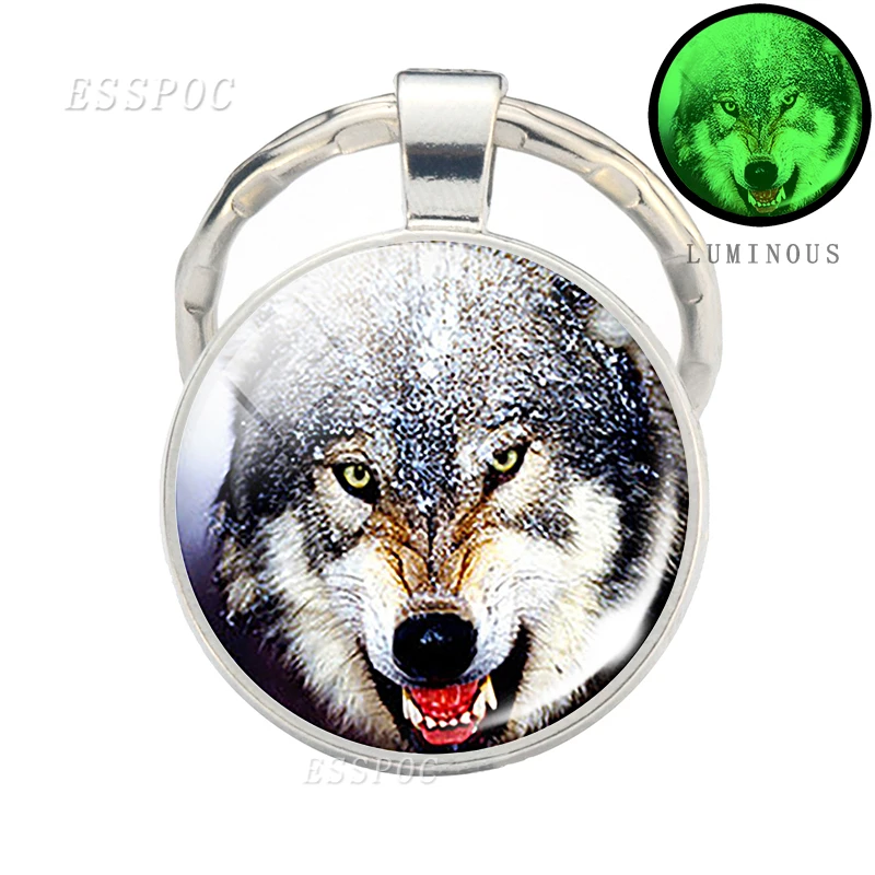 Glow in Dark Jewelry Howling Wolf Keychain Wolf Luminous Glass Cabochon Pendant Keyring Double Side Glass Ball Keychain
