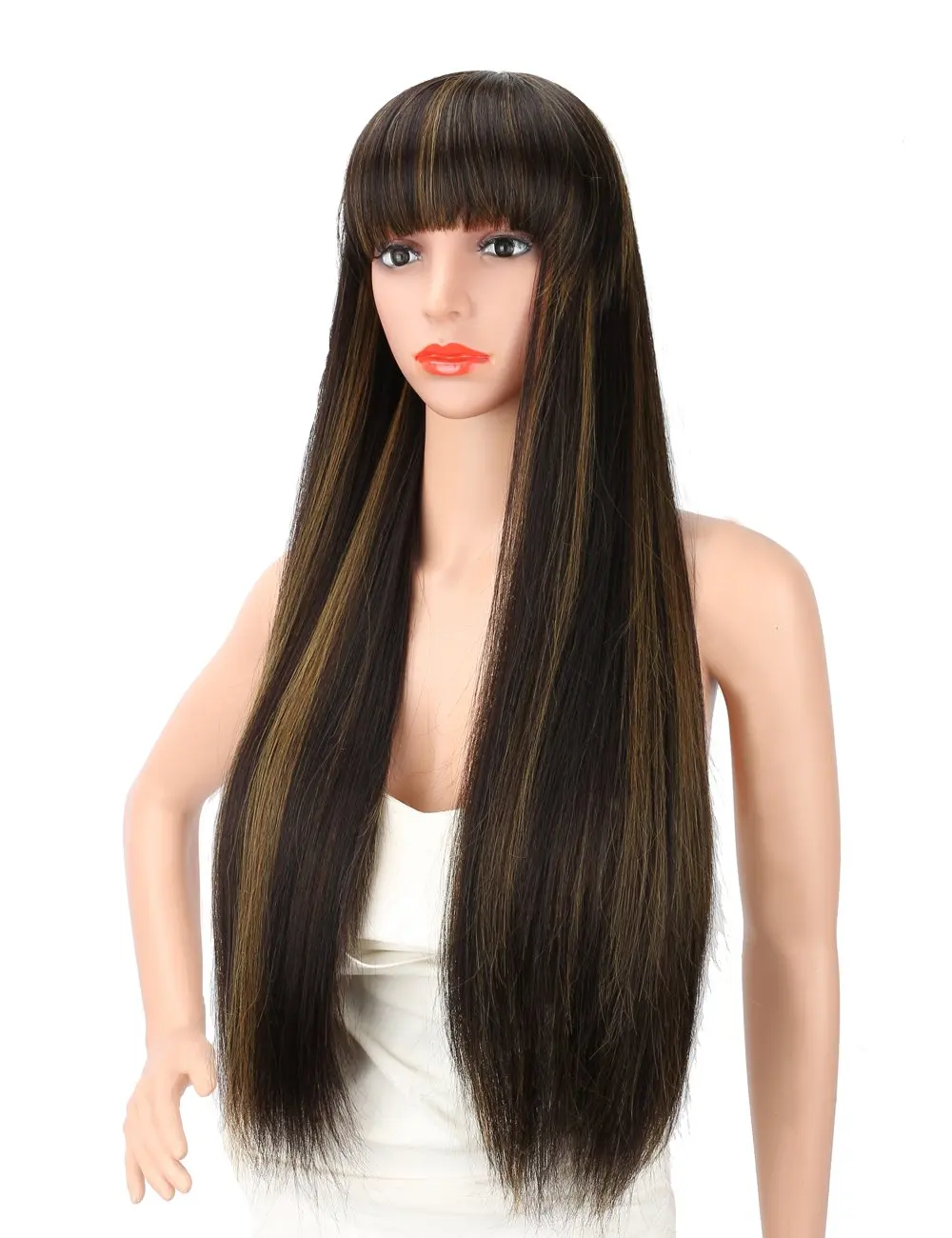 Boymia 28 inches WomenLong Silky Straight Black Brown Highlights Heat Resistant Smooth Yaki Synthetic Wig With Bangs Hair Replac