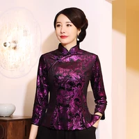 chinese traditional tang clothing female noble velour blouse large size 3xl 5xl retro tops vintage floral mandarin collar shirt