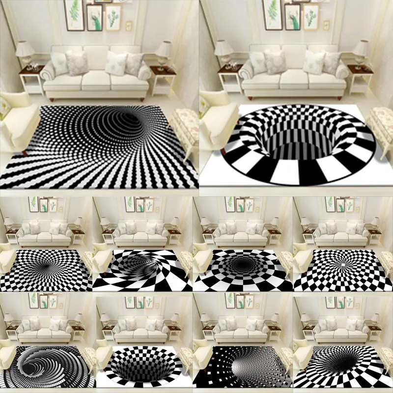 

3D Illusion Rug Round Black&White Swirl Stereo Vision Floor Mat Living Room Doormat Sofa Non-slip Illusion Carpet