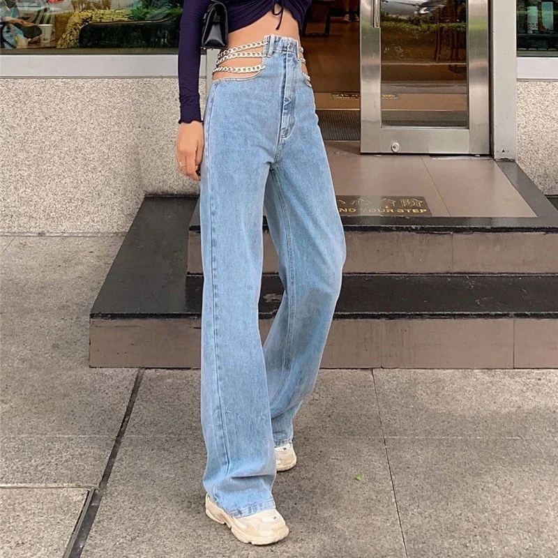 Women High Waist Korean Loose Casual Wide Leg Denim Pants 2023 Sexy Chain Fashion Trouser Boyfriend Jeans Female Streetwear Pant