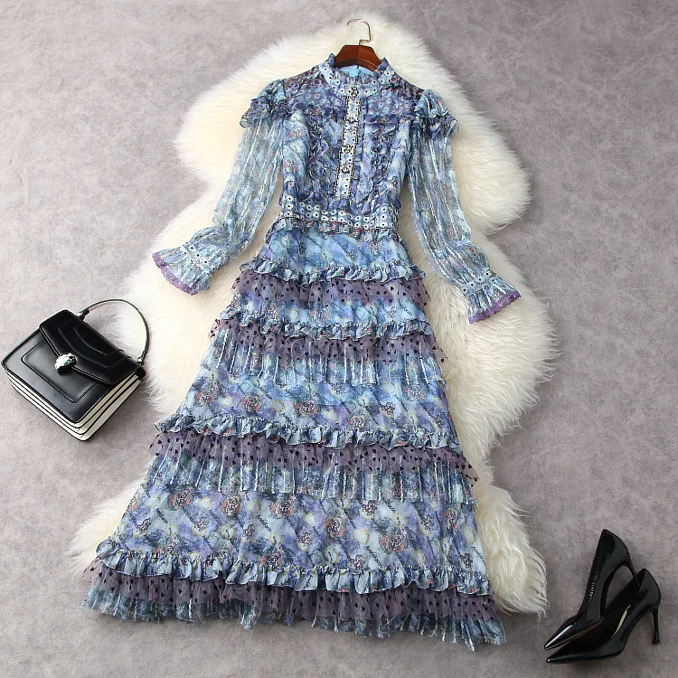 

European and American women's clothing spring 2021 new Long sleeves stand collar nail bead Printed spliced lace fashion dress