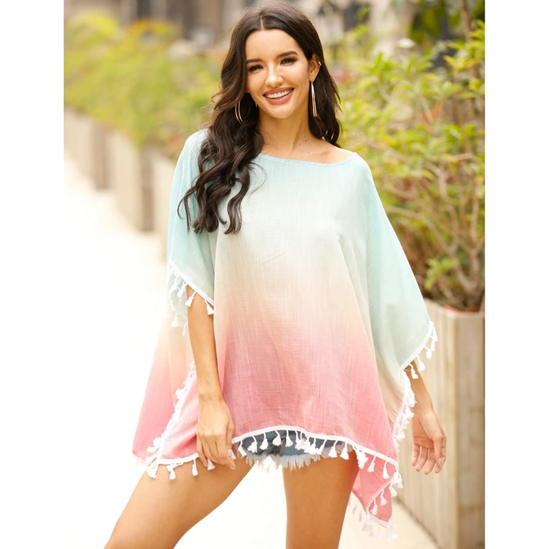 Women's Gradient Color Stitching Fringed Sunsn Beach Blouse Mixed One Size | Женская одежда