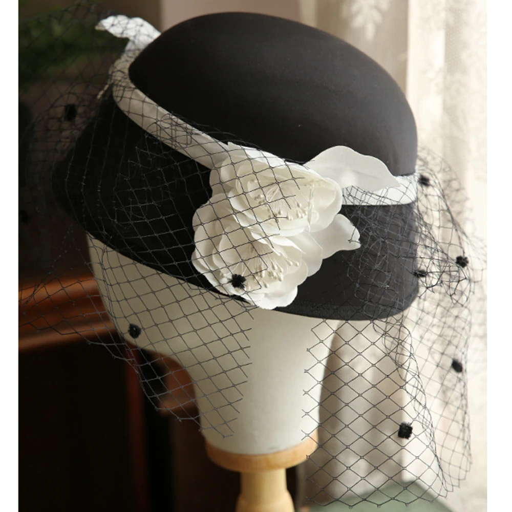 Женская шляпка-колокол FS черная шляпка с вуалью и цветами шерстяные войлочные