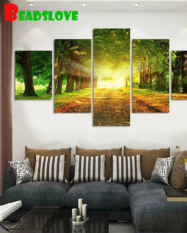 

Sunshine Green Tree Алмазная картина Diy полностью квадратная круглая дрель 5D алмазная вышивка 5 шт. мозаика рукоделие для декора стен