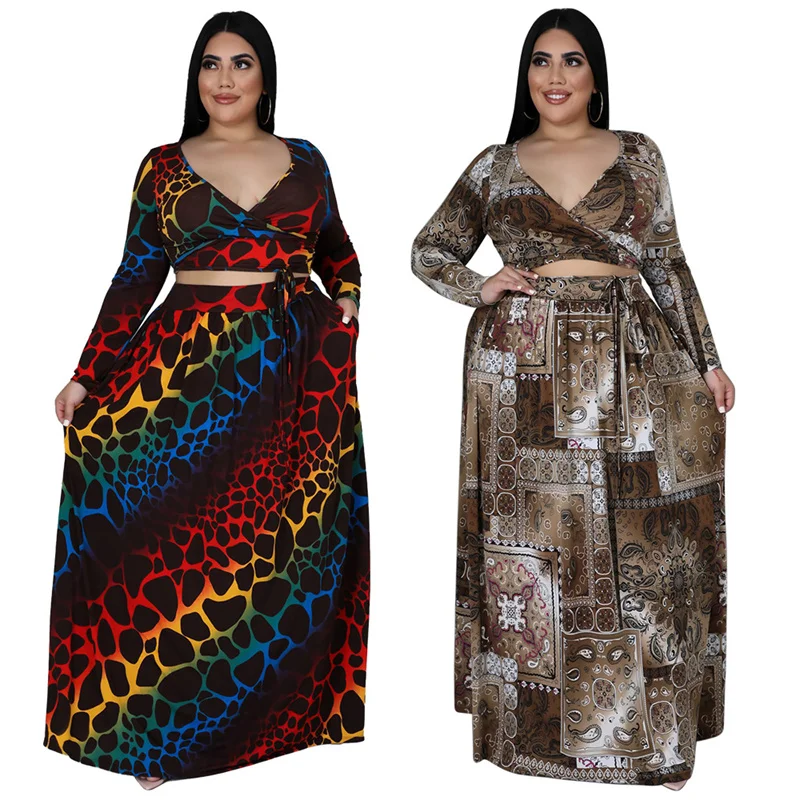 

4xl 5xl Plus Size Women Clothing Two Piece Set Printed Tight-fitting Hip Fashion Summer Long Skirt Suit Wholesale Dropshipping