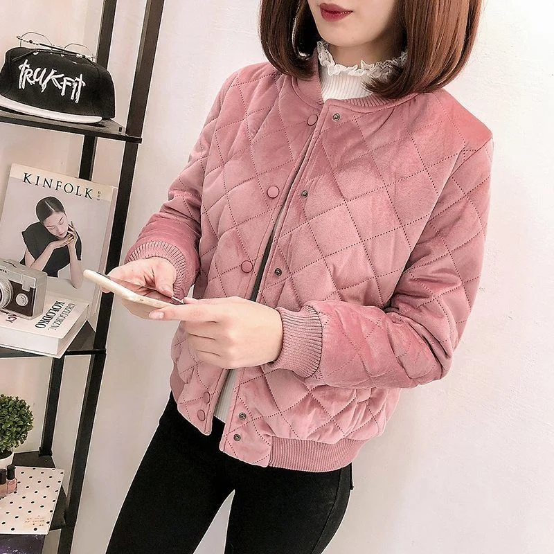 

Women's Jacket, Lined, Velvet, Quilted, Baseball Uniform, Harajuku Cotton Clothes Short Thicken Coat Casual Pocket Buttons Slim