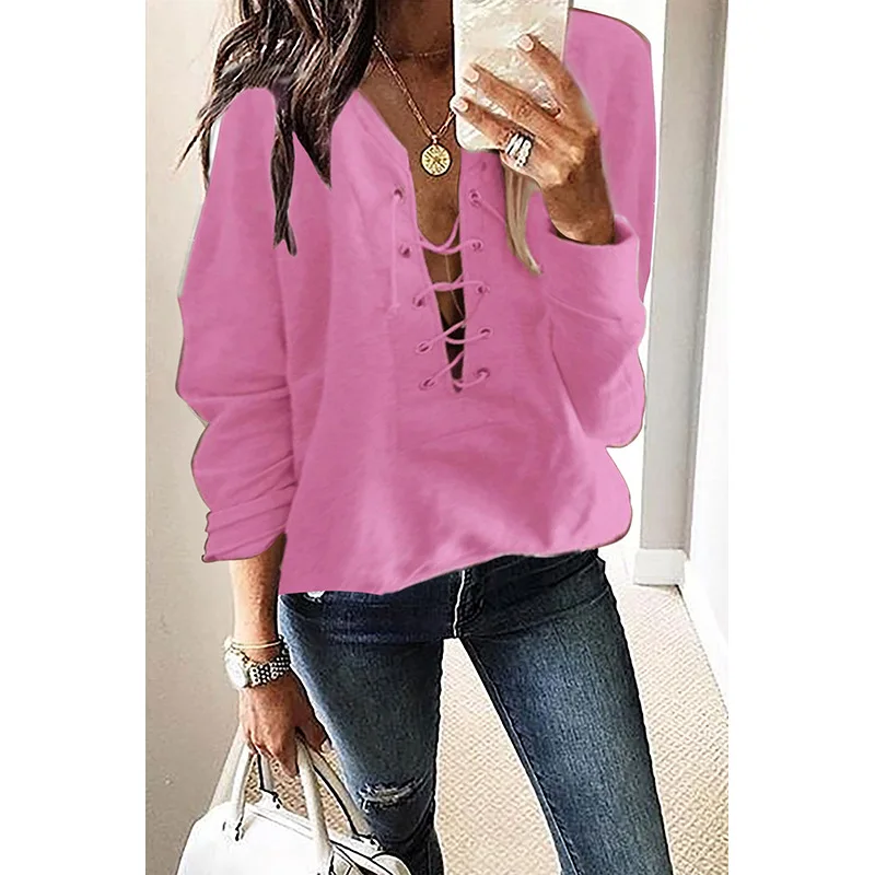 

Fashion High Street Long Sleeve Cross Tie Sexy Women's Shirt Casual Female Tops 4 Color New 2021 Spring Autumn New Hot