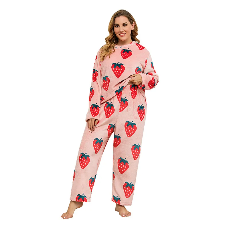 

Plus Size Women's Pajama Set Thicken Warm Flannel Pajamas Sleepwear Homewear Strawberry Print Fashion Satin Soft Plush Nightwear