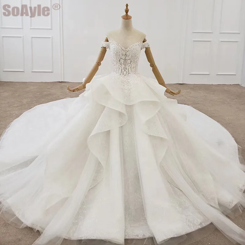 

SoAyle/сексуальное свадебное платье с открытыми плечами, кружевное платье с аппликацией и кристаллами, роскошное платье принцессы с оборками, ...