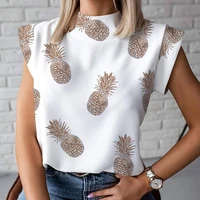 woman tshirts chain pineapple printed ladies shirts casual stand neck pullovers tops fashion cute eye lips short sleeve blusa